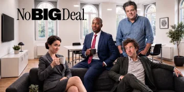 Cast of the British sitcom No Big Deal in the offices of fictional investment firm Janus
